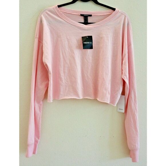 Forever 21 Women's Sz Medium Pink Cropped Long Sleeve Knit Top - Picture 1 of 8